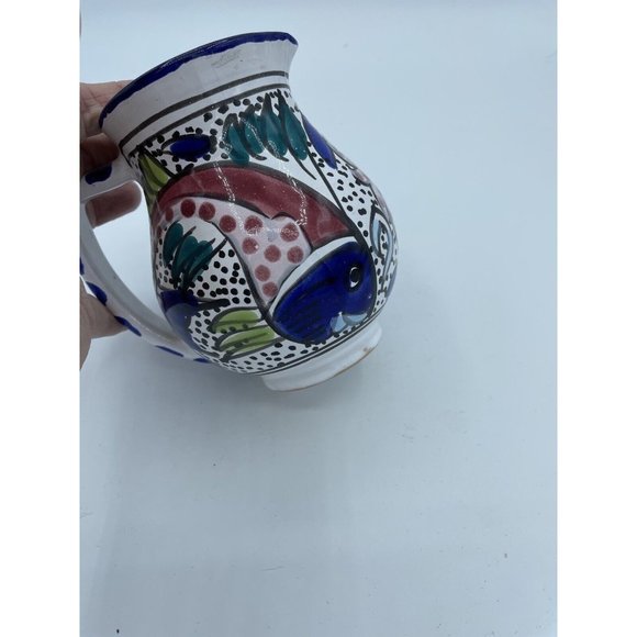 Hand Painted Talavera Mexican Pottery Creamer 4.5" Fish  Floral Design Vintage - Picture 3 of 5